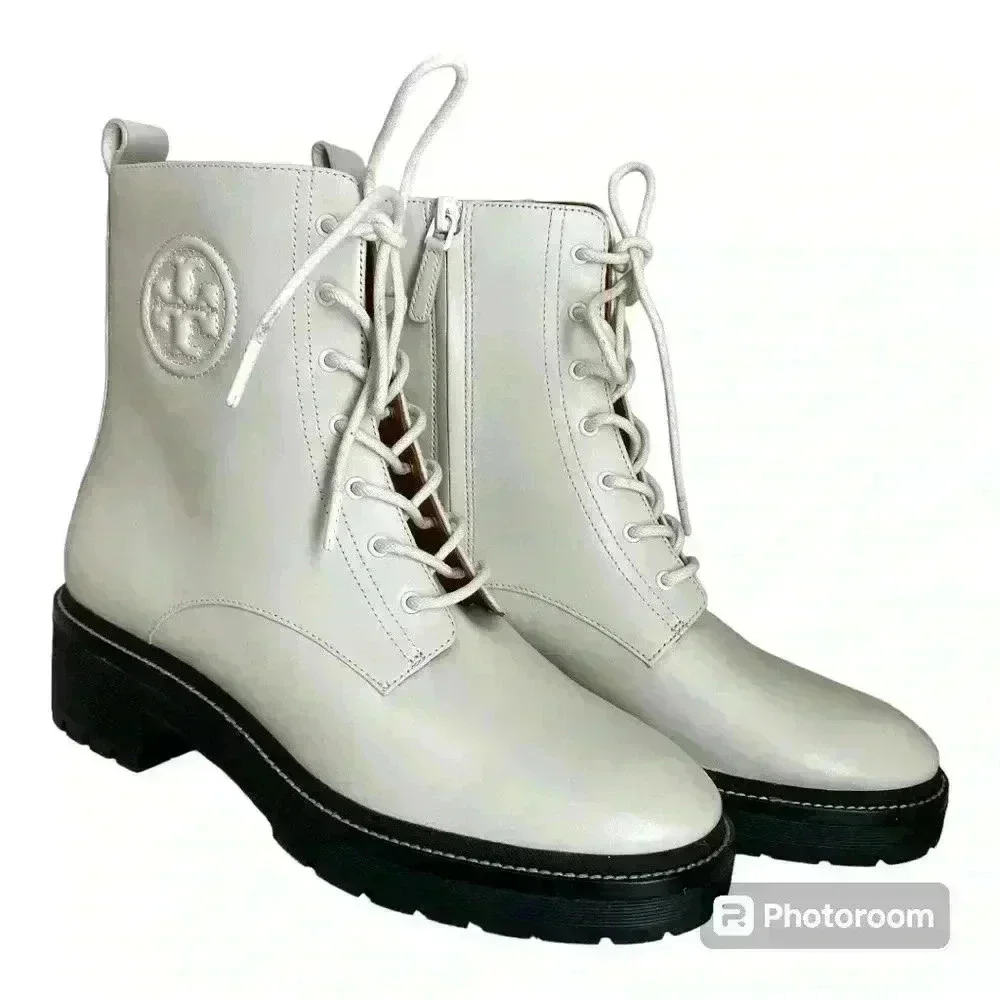 NEW Tory Burch Miller 50 White Leather Lug-Sole Booties Women’s Size 10.5